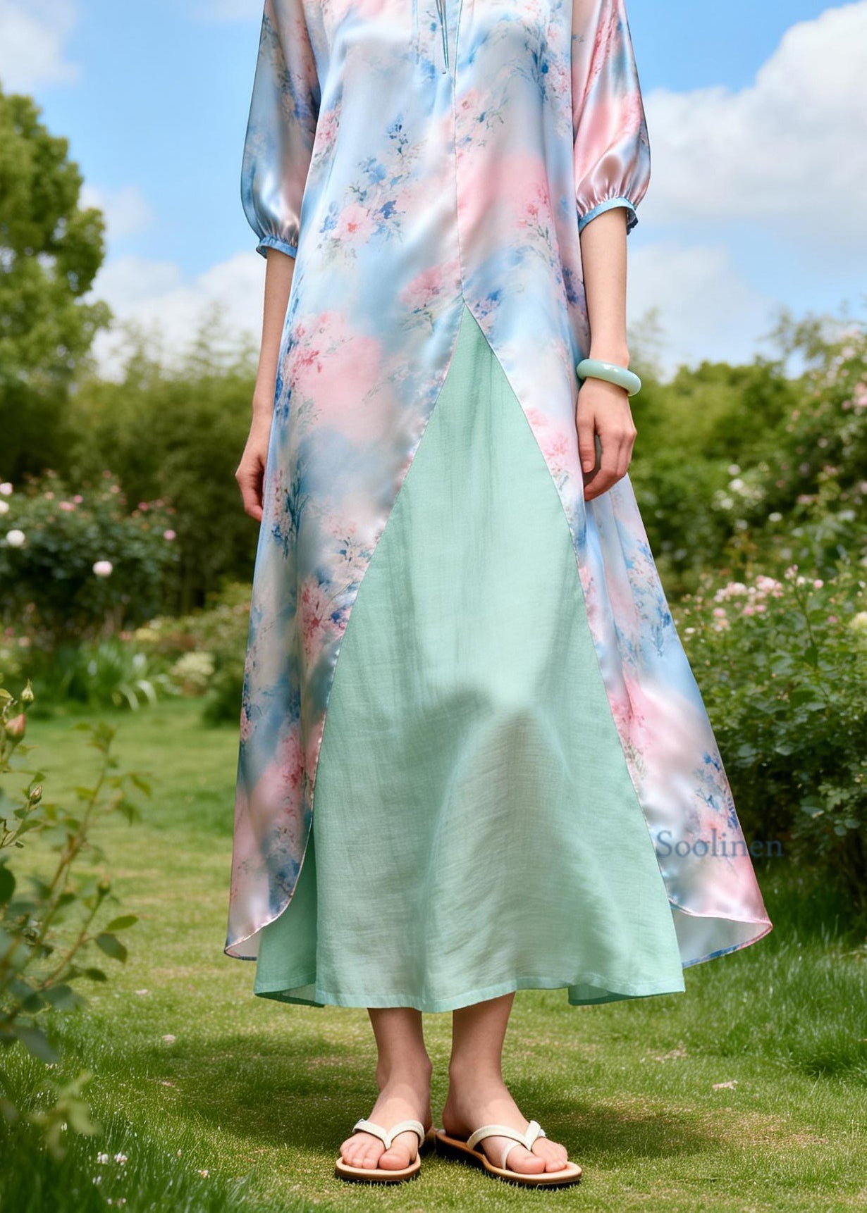 Loose Print Ruffled Patchwork Linen Silk Maxi Dresses Summer