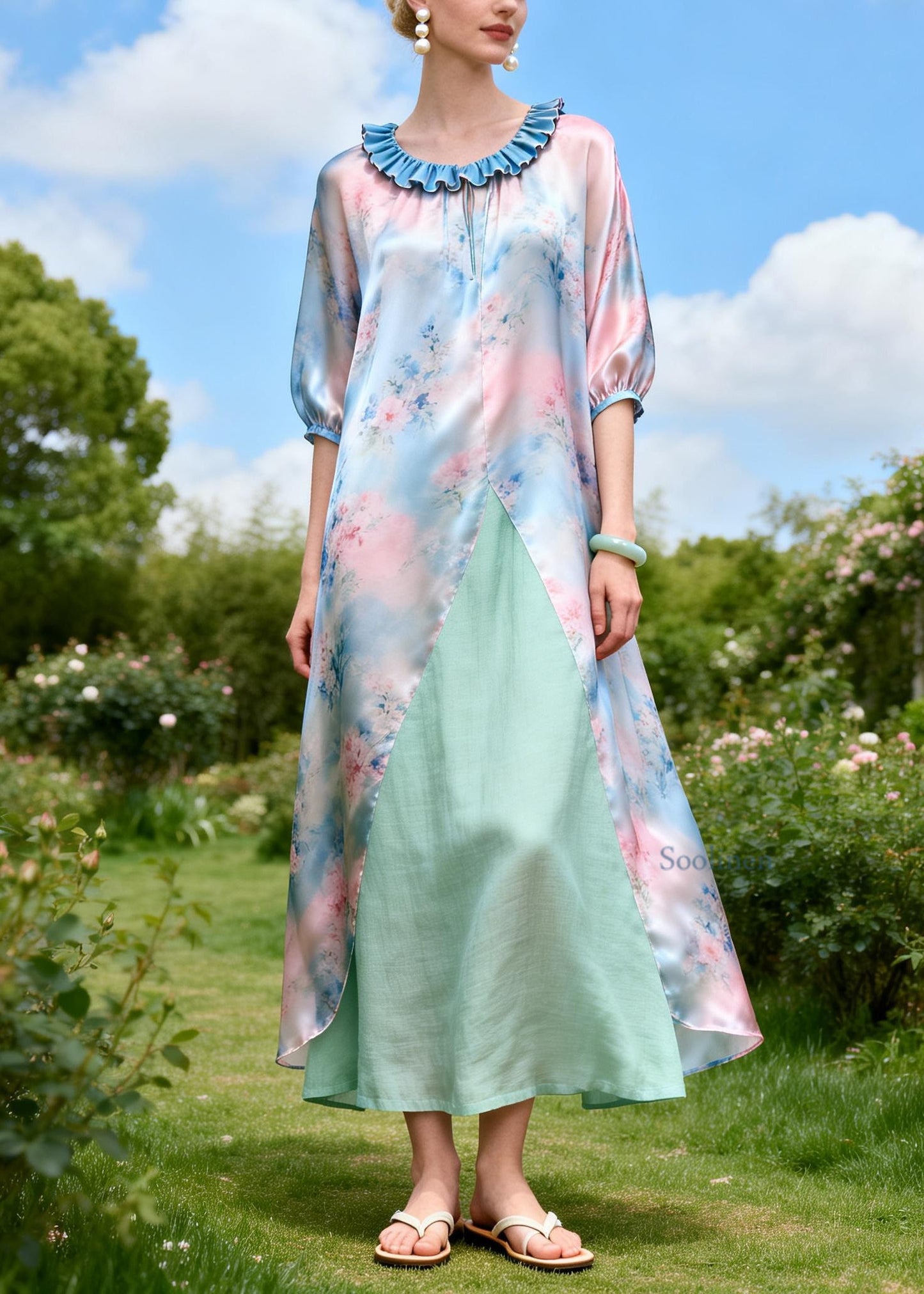 Loose Print Ruffled Patchwork Linen Silk Maxi Dresses Summer