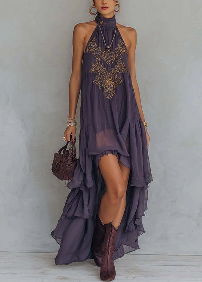 Loose Purple Embroidered Asymmetrical Design Chiffon Dress Sleeveless