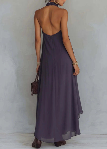 Loose Purple Embroidered Asymmetrical Design Chiffon Dress Sleeveless