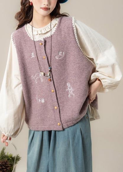 Loose Purple Embroidered Knit Vest  And Apricot Ruffled Cotton Shirts Two Pieces Set Spring