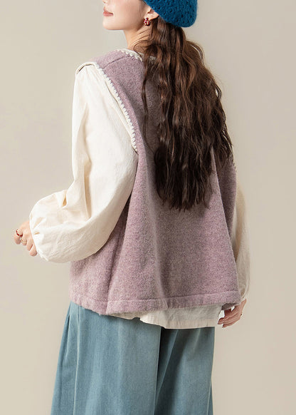 Loose Purple Embroidered Knit Vest  And Apricot Ruffled Cotton Shirts Two Pieces Set Spring