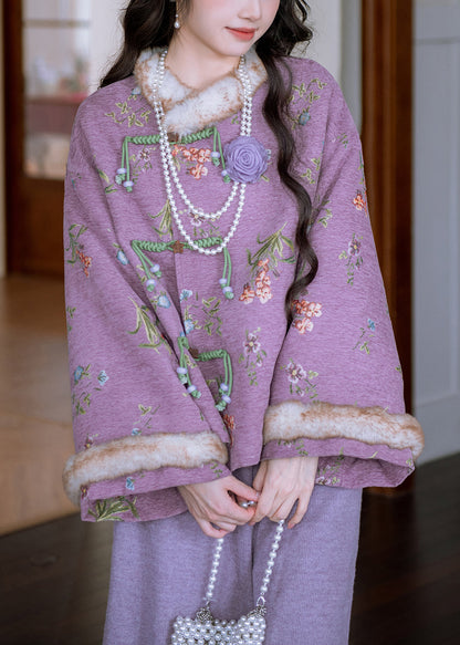 Loose Purple Fur Collar Chinese Button Patchwork Warm Fleece Parka Winter