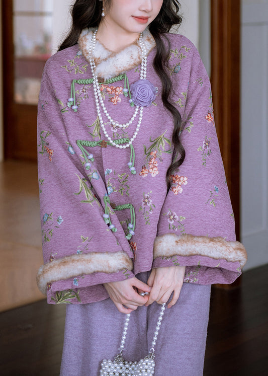 Parka de forro polar cálida con botones chinos y cuello de piel morado suelto para invierno