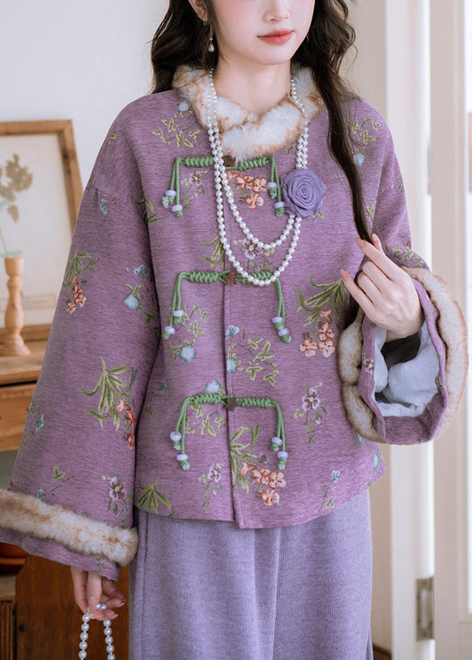 Parka de forro polar cálida con botones chinos y cuello de piel morado suelto para invierno