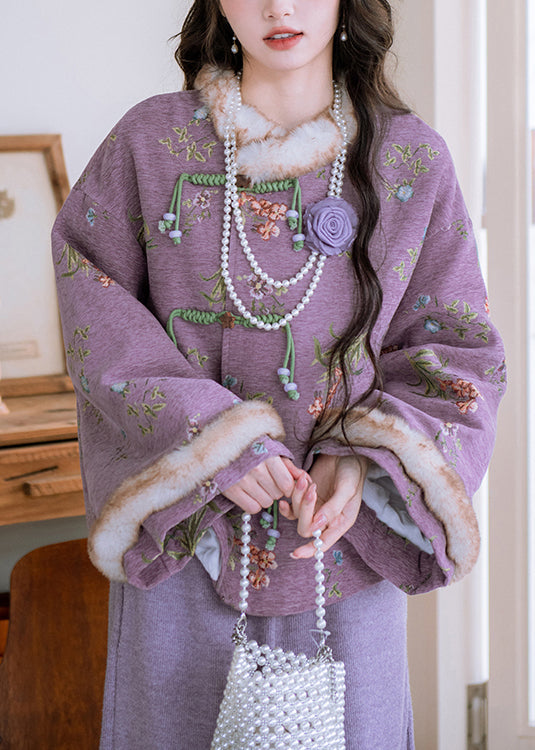 Loose Purple Fur Collar Chinese Button Patchwork Warm Fleece Parka Winter