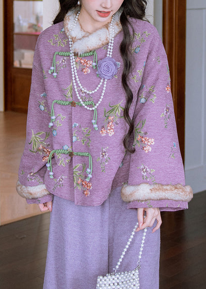 Loose Purple Fur Collar Chinese Button Patchwork Warm Fleece Parka Winter