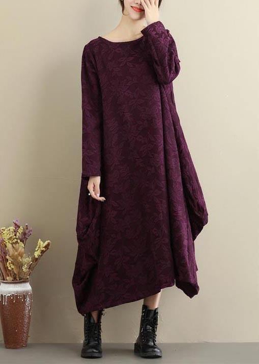 Loose Purple Jacquard Outfit O Neck Asymmetric Traveling Spring Dresses - SooLinen