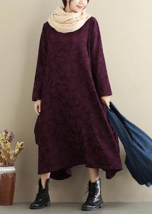Loose Purple Jacquard Outfit O Neck Asymmetric Traveling Spring Dresses - SooLinen