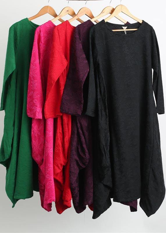 Loose Purple Jacquard Outfit O Neck Asymmetric Traveling Spring Dresses - SooLinen