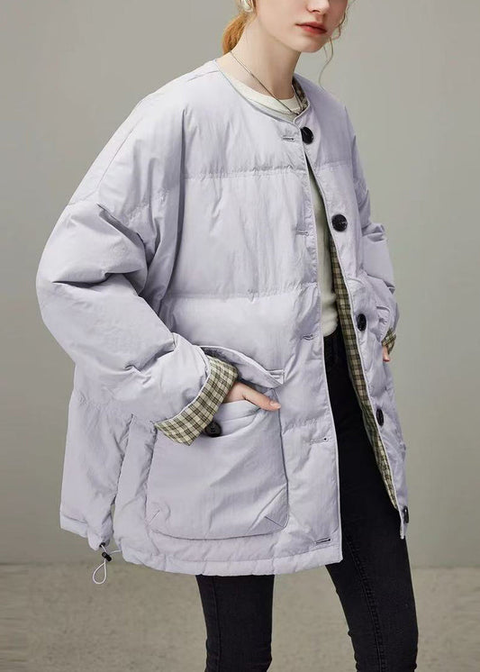 Loose Purple O Neck Plaid Button Duck Down Puffer Coat Winter