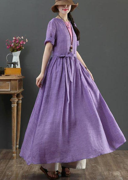 Loose Purple Patchwork Bow Summer Linen Dress - SooLinen