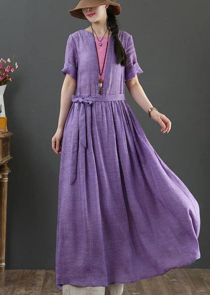 Loose Purple Patchwork Bow Summer Linen Dress - SooLinen