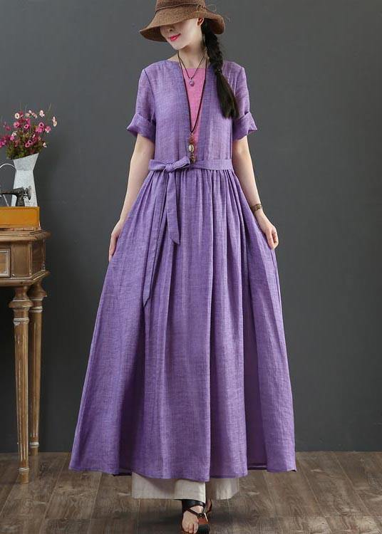 Loose Purple Patchwork Bow Summer Linen Dress - SooLinen