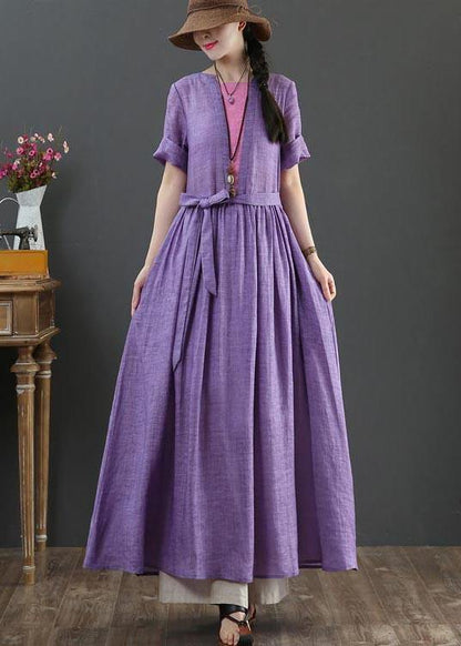 Loose Purple Patchwork Bow Summer Linen Dress - SooLinen