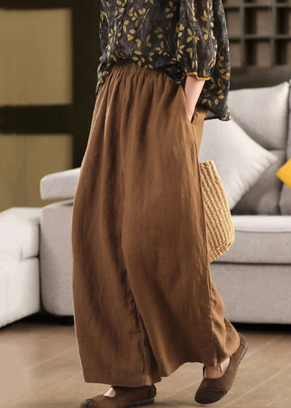Loose Purple Pockets Elastic Waist Linen Wide Leg Pants Summer