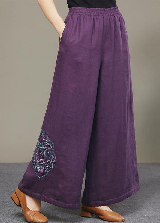 Loose Purple Pockets Embroideried Thick Wide Leg Fall Pant