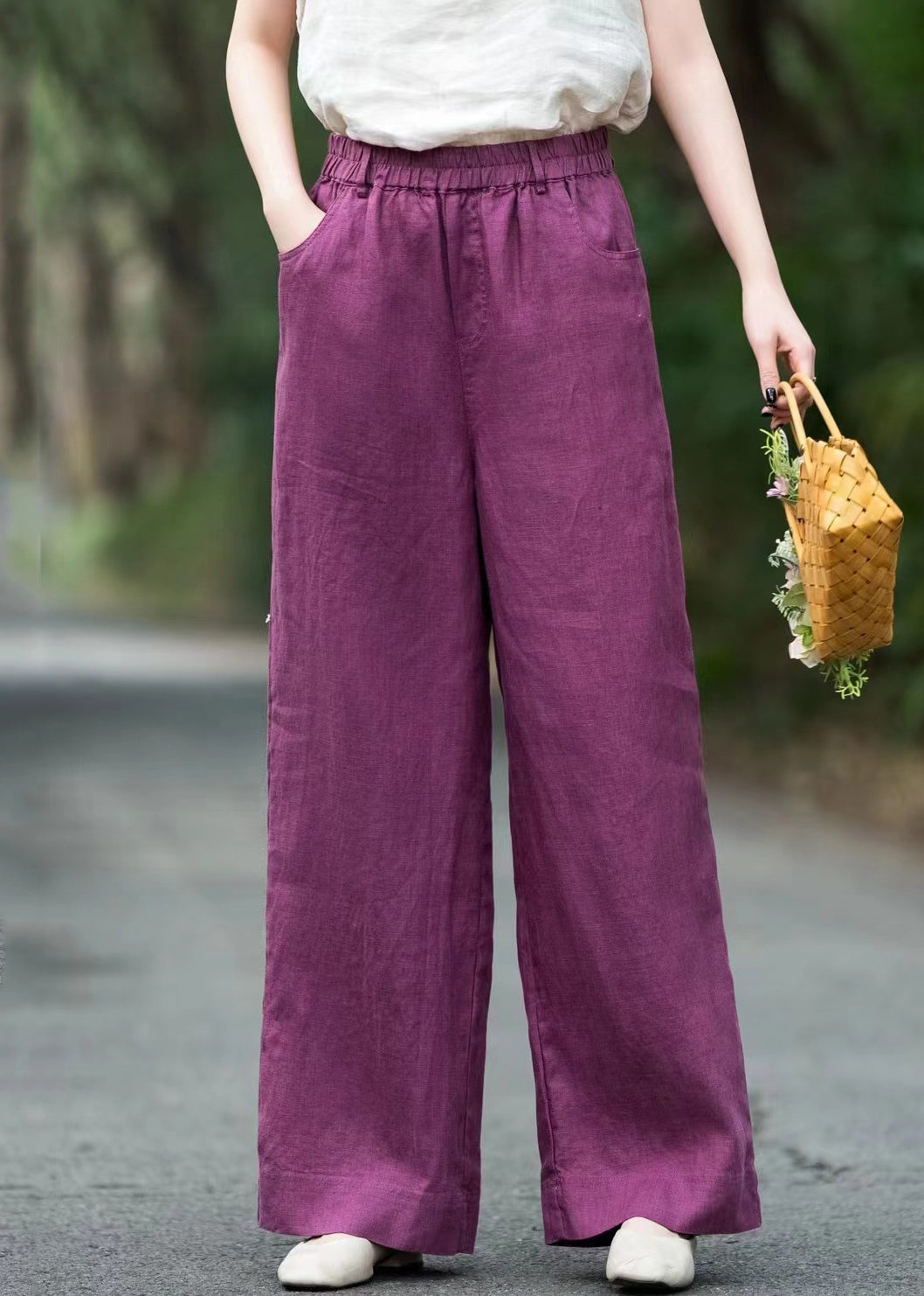 Loose Purple Pockets Solid Elastic Waist Linen Pants Summer