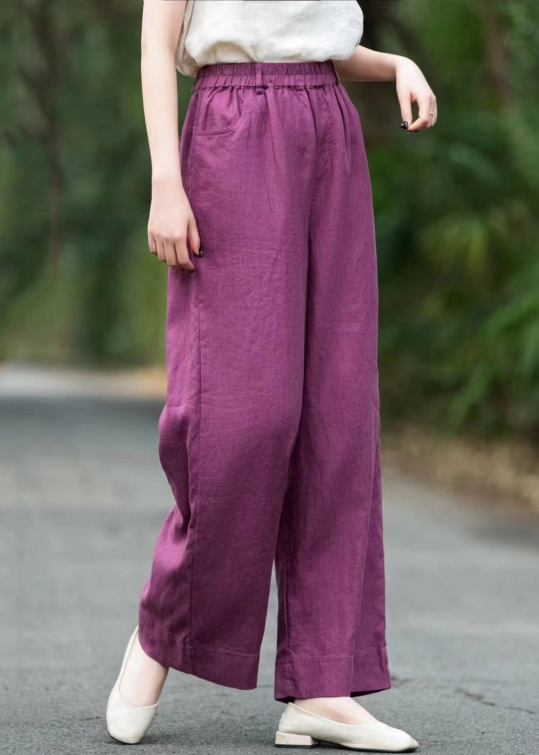 Loose Purple Pockets Solid Elastic Waist Linen Pants Summer