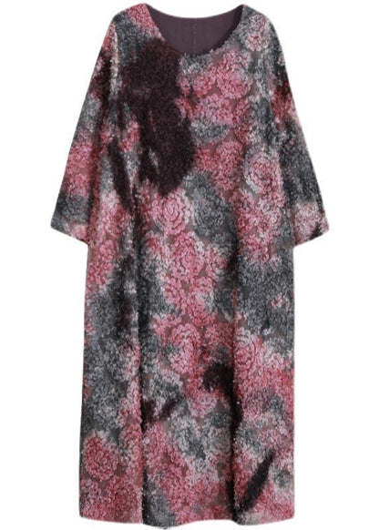 Loose Purple Print Clothes O Neck Tie Waist Art Spring Dress - SooLinen