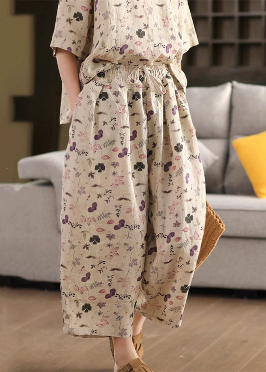 Loose Purple Print Drawstring Linen Crop Pants Summer