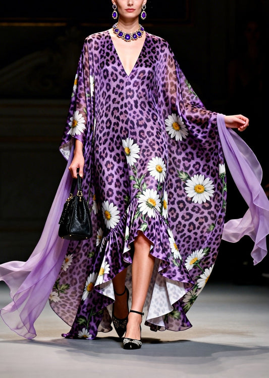Loose Purple Ruffled Asymmetrical Design Print Chiffon Long Dresses Summer