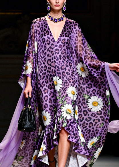 Loose Purple Ruffled Asymmetrical Design Print Chiffon Long Dresses Summer