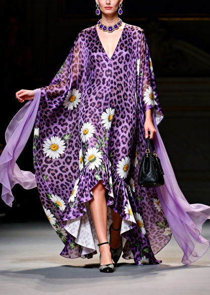 Loose Purple Ruffled Asymmetrical Design Print Chiffon Long Dresses Summer
