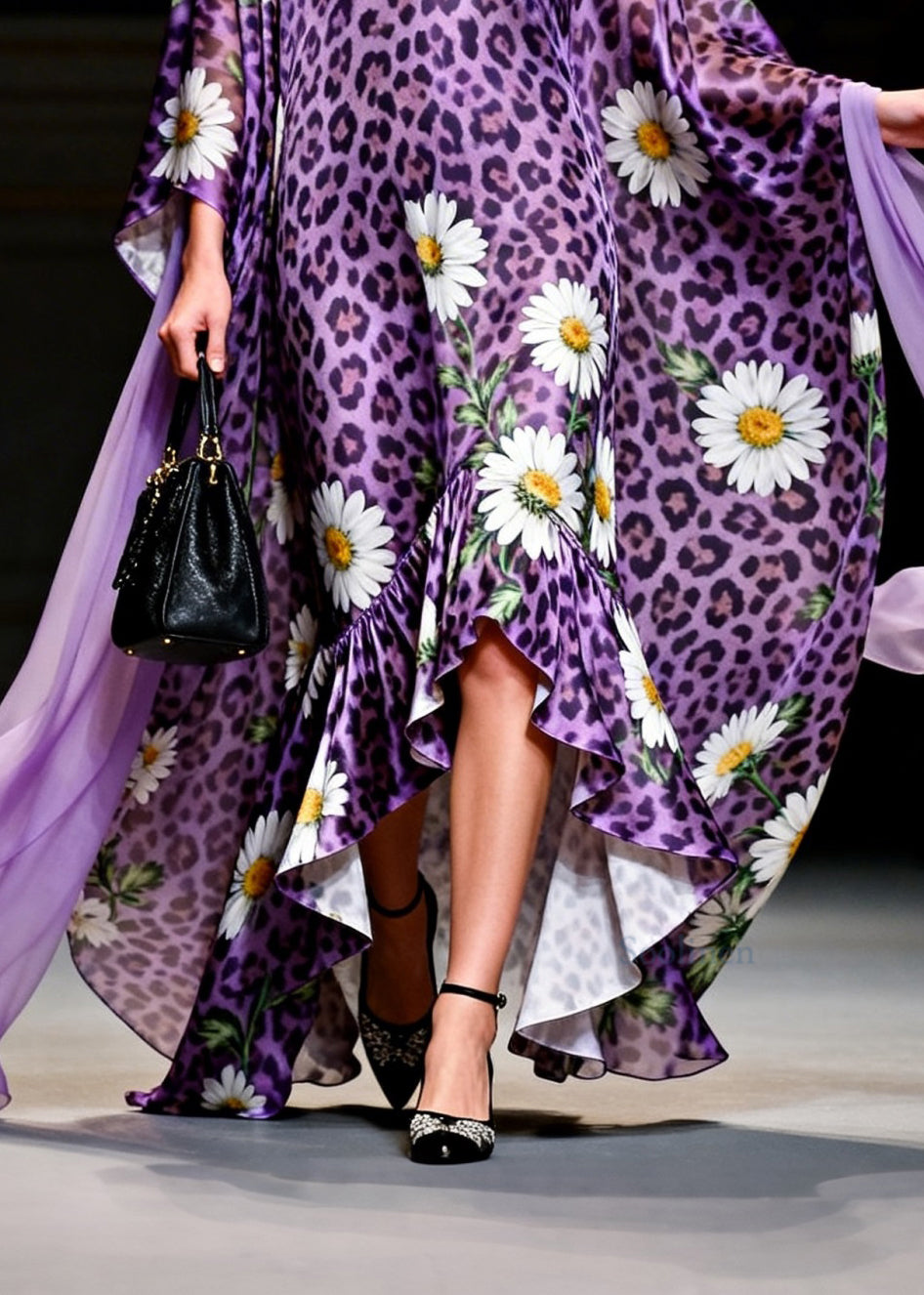 Loose Purple Ruffled Asymmetrical Design Print Chiffon Long Dresses Summer
