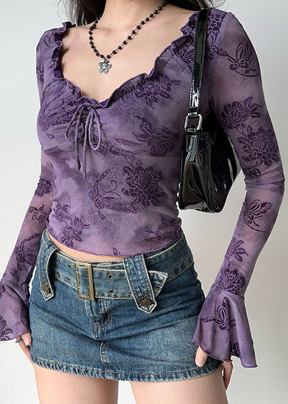 Loose Purple Ruffled Print Cotton T Shirts Flare Sleeve