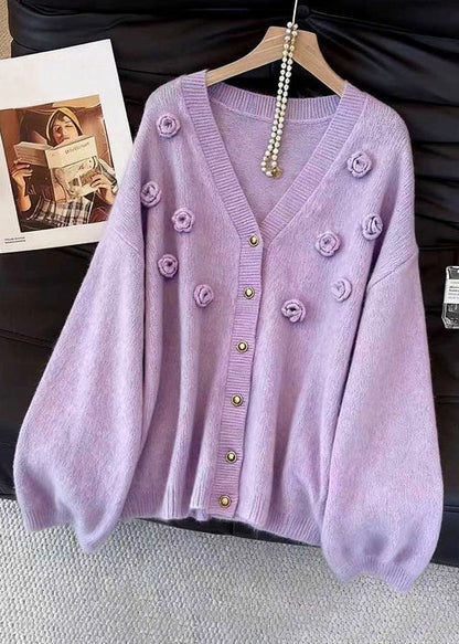 Loose Purple V Neck Button Floral Knit Cardigans Fall