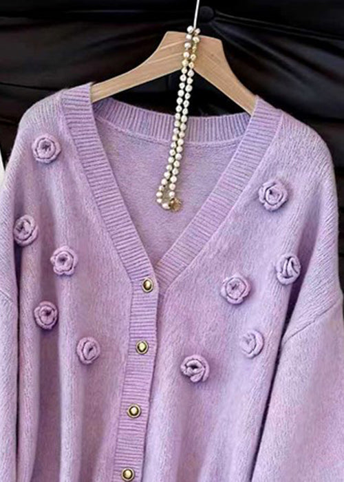 Loose Purple V Neck Button Floral Knit Cardigans Fall