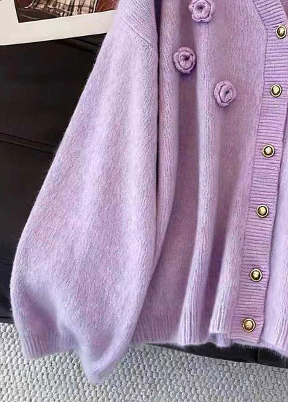 Loose Purple V Neck Button Floral Knit Cardigans Fall