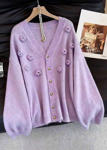 Loose Purple V Neck Button Floral Knit Cardigans Fall