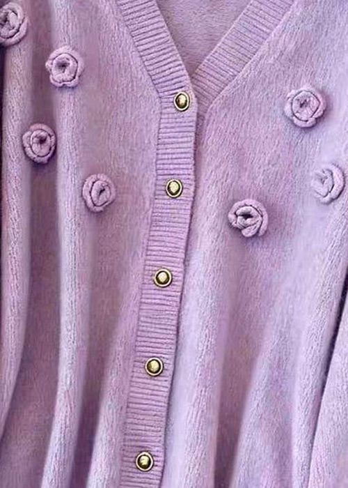 Loose Purple V Neck Button Floral Knit Cardigans Fall