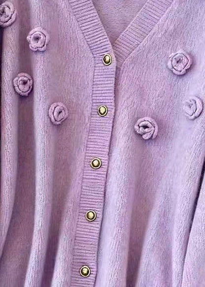 Loose Purple V Neck Button Floral Knit Cardigans Fall