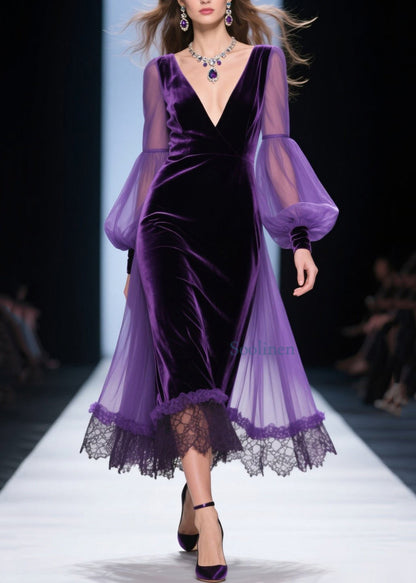 Vestido suelto de terciopelo morado con escote en V y patchwork de encaje para primavera
