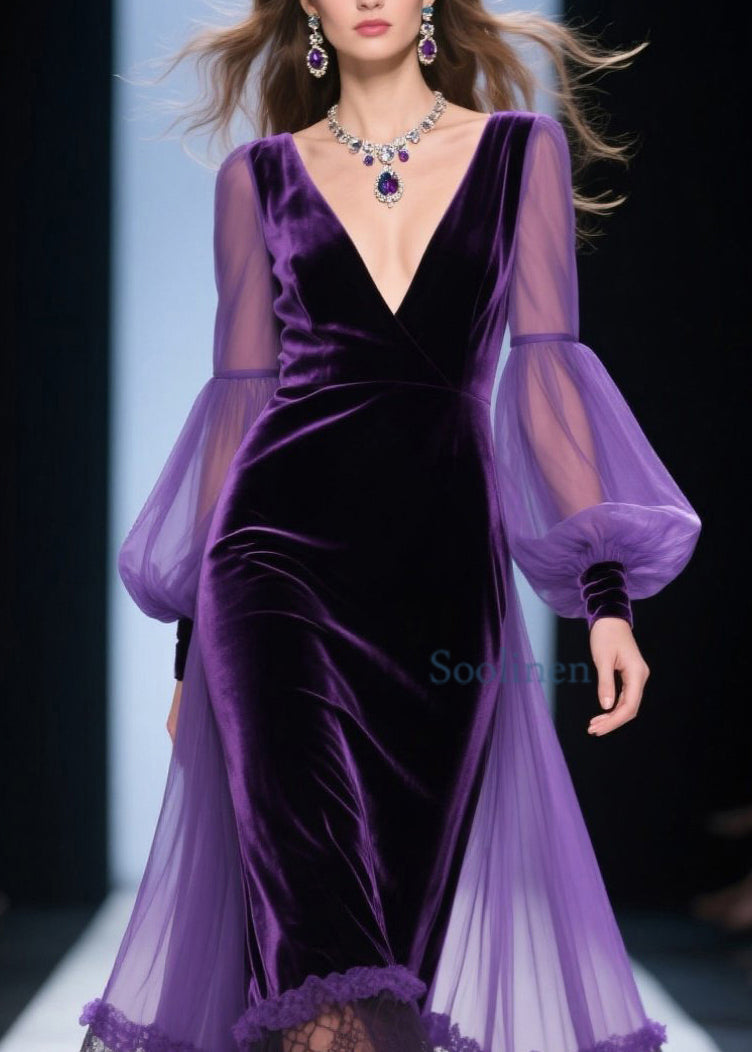 Vestido suelto de terciopelo morado con escote en V y patchwork de encaje para primavera