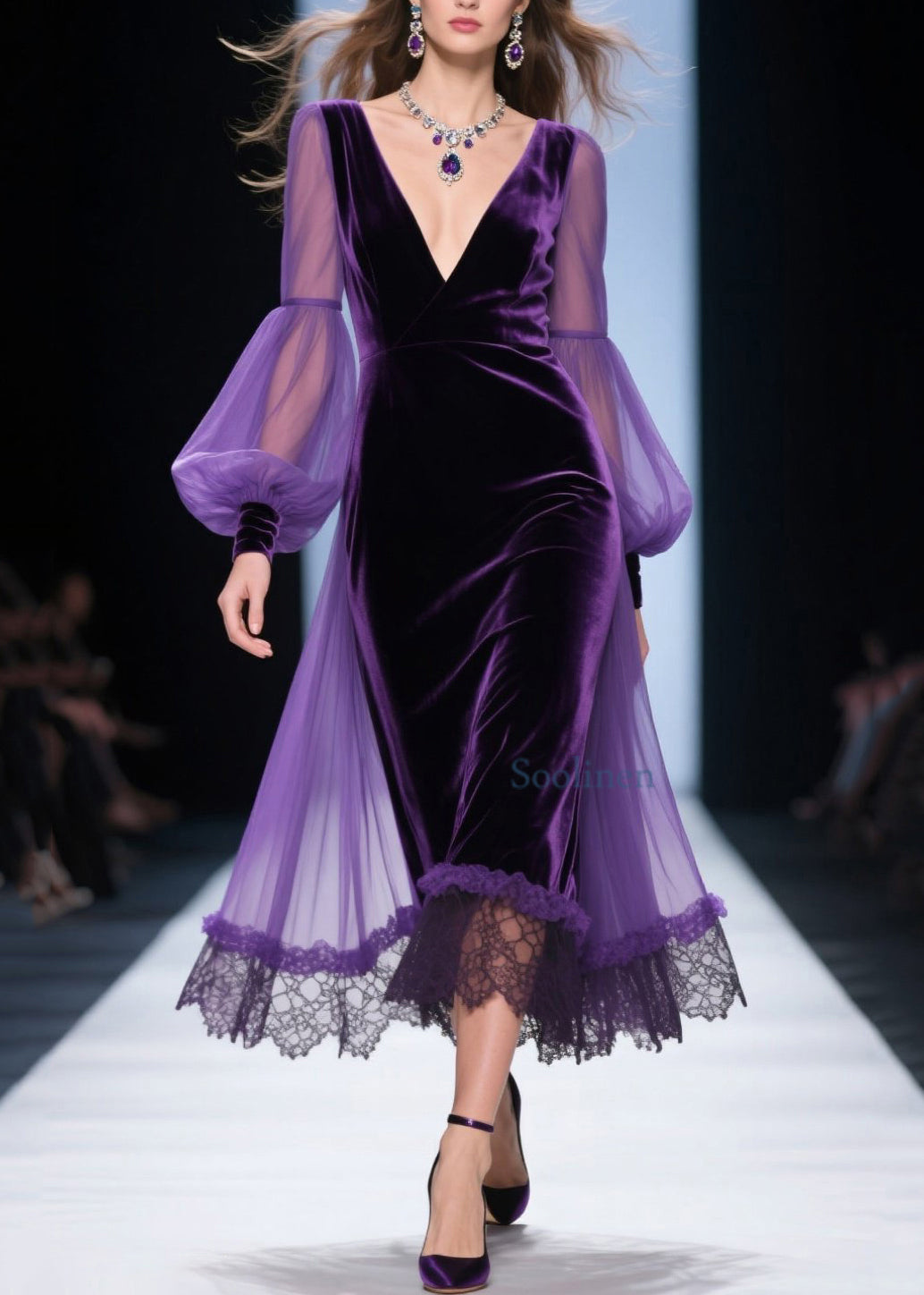 Vestido suelto de terciopelo morado con escote en V y patchwork de encaje para primavera