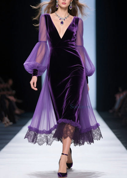 Vestido suelto de terciopelo morado con escote en V y patchwork de encaje para primavera