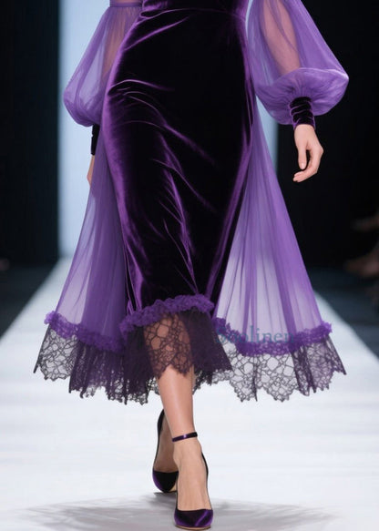 Vestido suelto de terciopelo morado con escote en V y patchwork de encaje para primavera