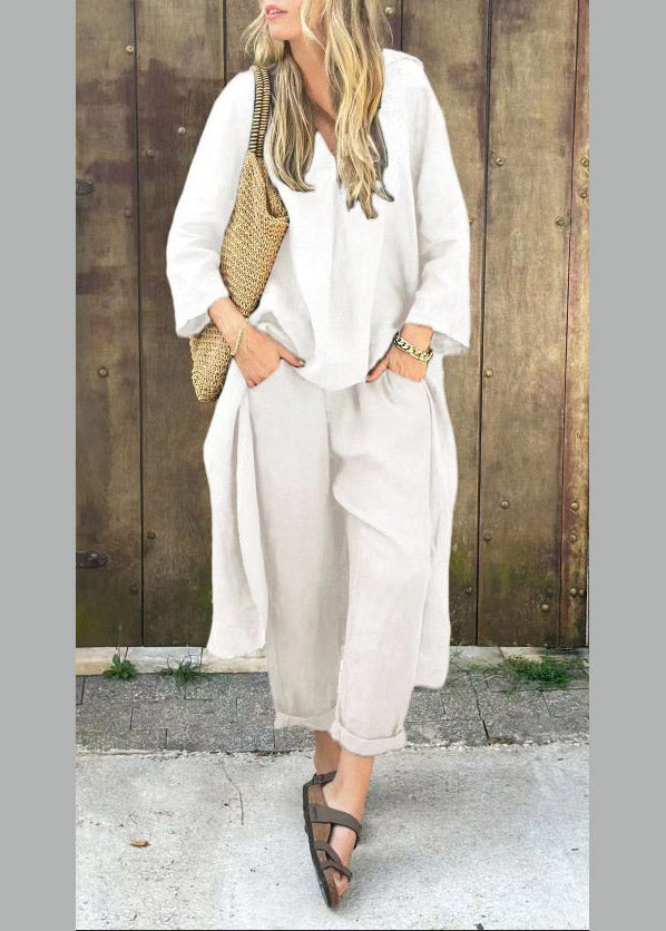 Loose Purple V Neck Shirts And Harem Pants Two Piece Set Three Quarter Sleeve