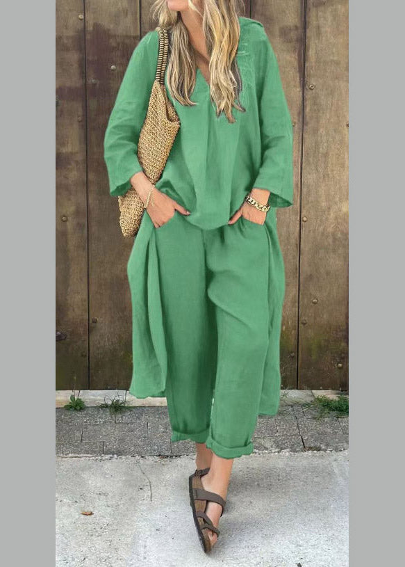Loose Purple V Neck Shirts And Harem Pants Two Piece Set Three Quarter Sleeve