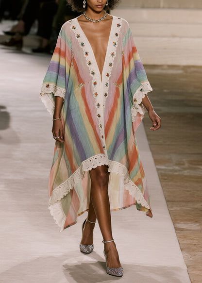 Loose Rainbow Oversized Patchwork Lace Party Dress Batwing Sleeve