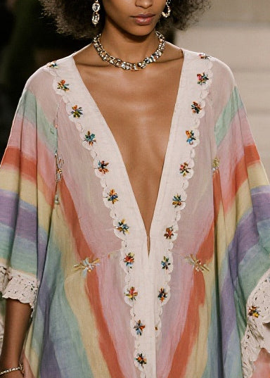 Loose Rainbow Oversized Patchwork Lace Party Dress Batwing Sleeve