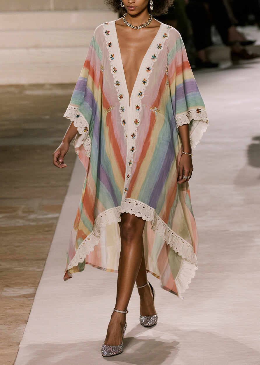 Loose Rainbow Oversized Patchwork Lace Party Dress Batwing Sleeve