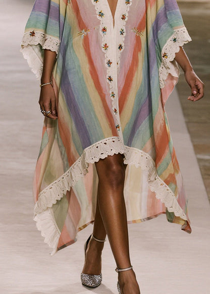 Loose Rainbow Oversized Patchwork Lace Party Dress Batwing Sleeve