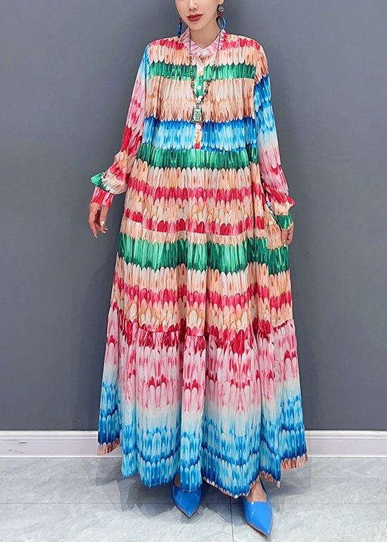 Loose Rainbow Print Button Cotton Maxi Dresses Fall