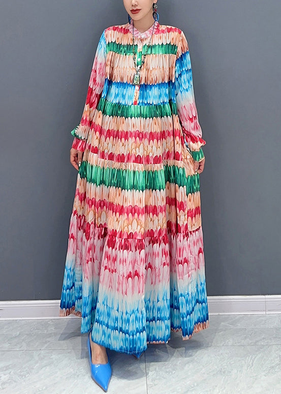 Loose Rainbow Print Button Cotton Maxi Dresses Fall