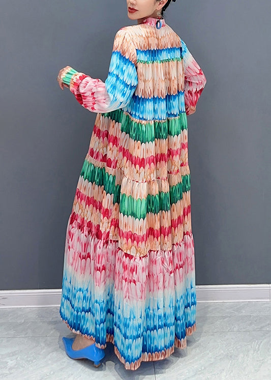 Loose Rainbow Print Button Cotton Maxi Dresses Fall